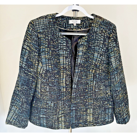 KASPER SEPARATES 18W Blazer Suit Jacket Black Blue Tan Gold Metallic Pockets - Picture 1 of 12
